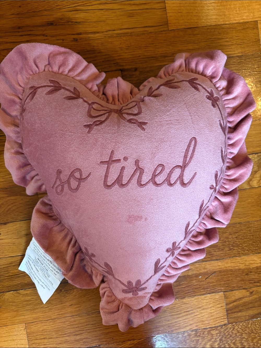 “So Tired” Preppy Pink Heart Bow Throw Pillow w/ Ruffle - New, Unused